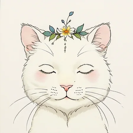 <lora:Delicate_WhimsySDXL:1> ArsMJStyle, Delicate Whimsy, The image shows a white cat with a flower crown on its head set against a white background., closed eyes, no humans, whiskers, facing viewer, traditional media, white background, animal focus, simple background, cat, ^_^