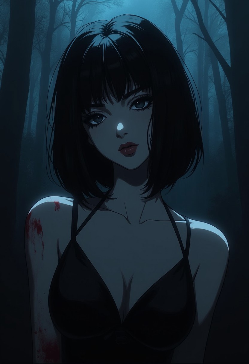 1girl, solo, black hair, looking at viewer, short hair, bangs, closed mouth, dress, black eyes, dutch angle, red lips, fair skin, big breasts, dark forest, dappled moonlight, upper body, blood, lowered head, GLSHS, partially illuminated