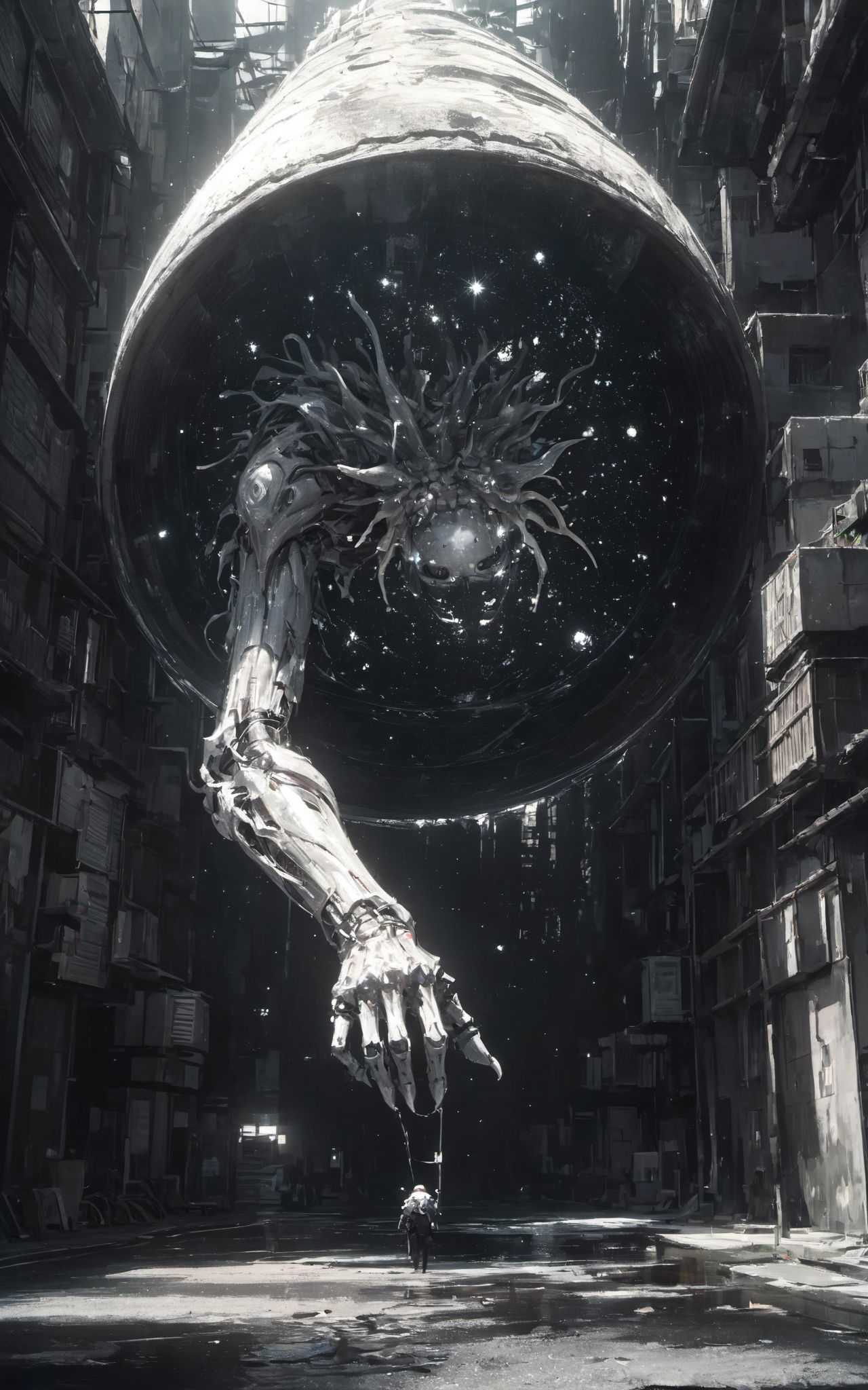 XUER guangying,<lora:绪儿 光影滤镜 XUER guangying:0.8>,
score_9,score_8_up,score_7_up,source_anime,XUER gufeng,inky silhouette of a fragmented woman with dot-speckled skin,nestled in a mosaic of monochrome and metallix hues,sprouting zentangle limbs amidst an urban ukiyo-e skyline,under a star-tinged graffiti nebula that breathes uncanny life,