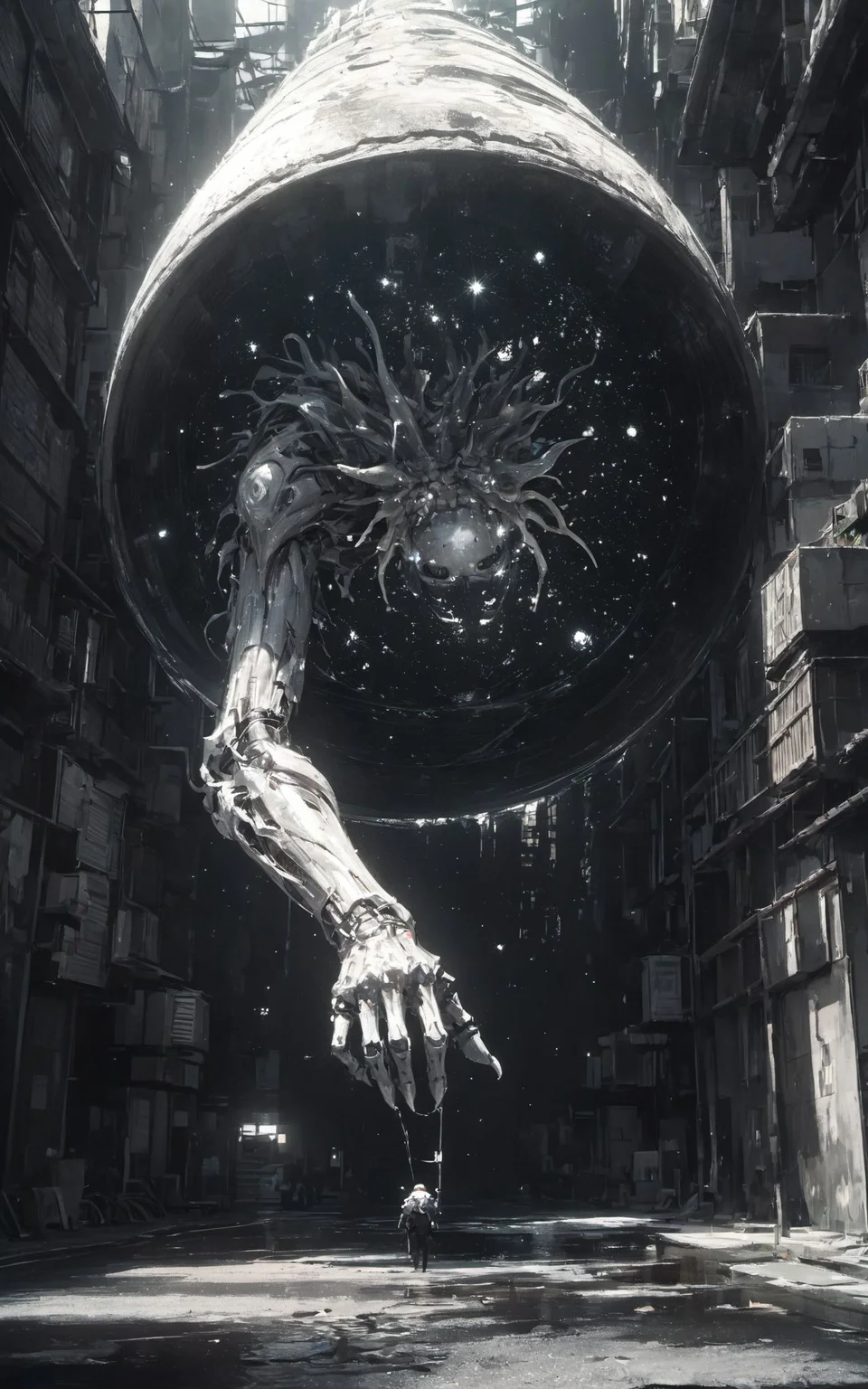 XUER guangying,<lora:绪儿 光影滤镜 XUER guangying:0.8>,
score_9,score_8_up,score_7_up,source_anime,XUER gufeng,inky silhouette of a fragmented woman with dot-speckled skin,nestled in a mosaic of monochrome and metallix hues,sprouting zentangle limbs amidst an urban ukiyo-e skyline,under a star-tinged graffiti nebula that breathes uncanny life,