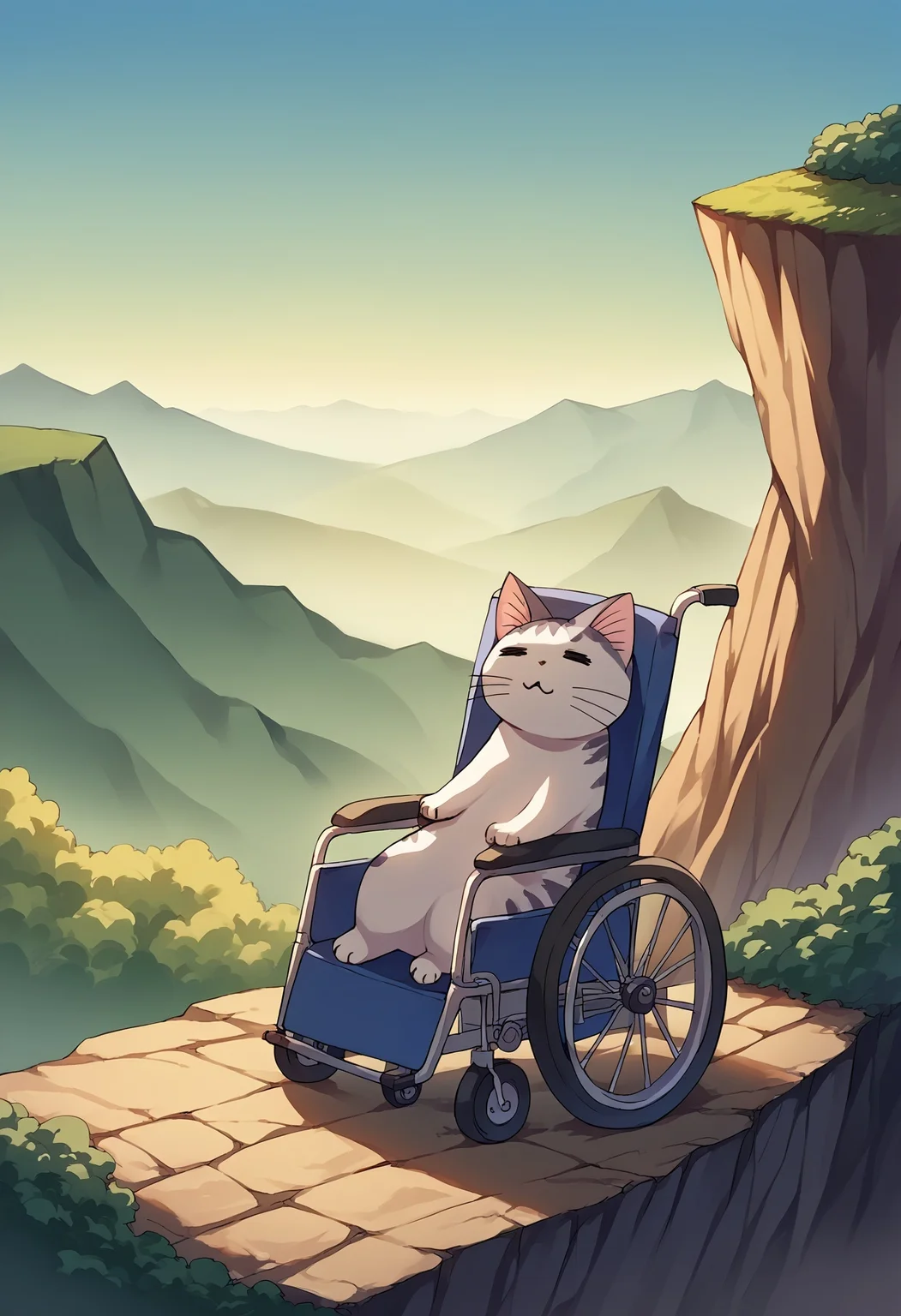 score_9, score_8_up,score_7_up,score_6_up, source_anime, =w=, :3, = =, eyes closed,ChiYamada, cat, black eyes, no humans, outdoors, windy, cliff, wheelchair, sitting
<lora:ChamElfExpressionPonyXL:1>  <lora:ChamChiYamadaPonyXL:1>  <lora:Wheelchair_XLPD:0.8>