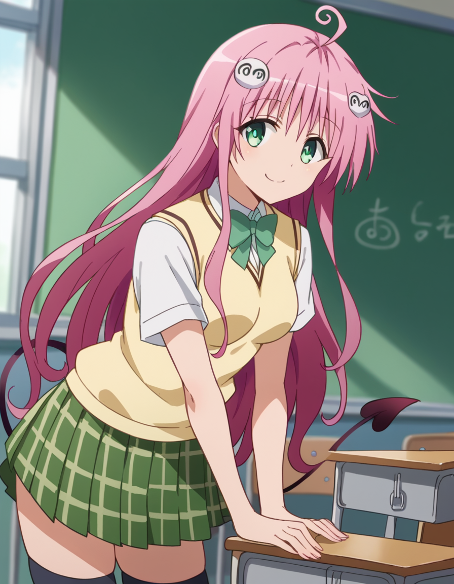 score_9, score_8_up, score_7_up, source_anime,
laladeviluke, <lora:lala-deviluke-darkness-ponyxl-lora-nochekaiser:1>,
lala deviluke, long hair, pink hair, tail, ahoge, bangs, hair ornament, green eyes,
demon tail, green skirt, plaid, plaid skirt, sainan high school uniform, school uniform, skirt, sweater vest, thighhighs, yellow sweater, short sleeves, bow, green bow,
indoors, classroom, bent over, smile,
looking at viewer, cowboy shot, dutch angle, solo,
