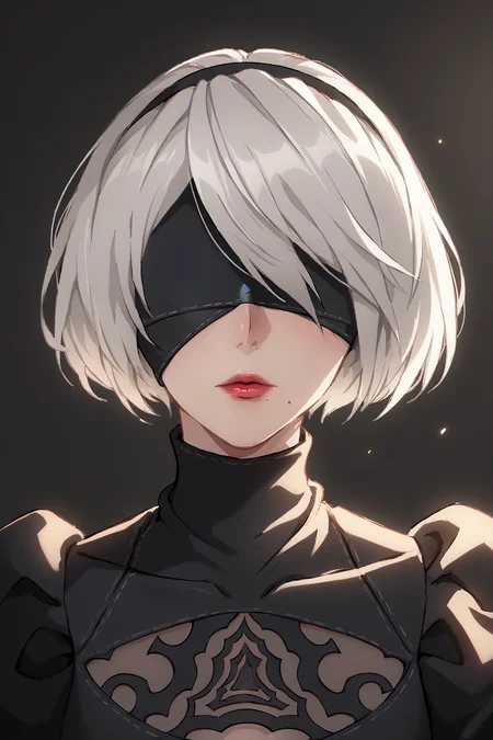 <lora:2typeBpony20:1>,
score_9,score_8_up,score_7_up,score_6_up,score_5_up,score_4_up,
2typeB,nier automata,nier \(series\),nier,yorha no. 2 type b,1girl,solo,blindfold,short hair,black blindfold,white hair,mole,dress,(mole under mouth:0.7),facing viewer,black dress,turtleneck,covered eyes,red lips,portrait,nose,hairband,black hairband,lips,bangs,upper body,pink lips,parted lips,clothing cutout,puffy sleeves,closed mouth,lipstick,black background,gradient background,backlighting,