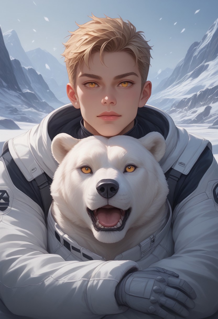 aaPO8bd,score_9,score_8_up,score_7_up,score_6_up,score_6_up,adult, 1man, hug, eye focus, yellow eyes, closed-up, open mouth, (polar bear), sci-fi bodysuits, aesthetic, sleep, rule of thirds, realistic, tongue, ice, snow, muscular,glacier