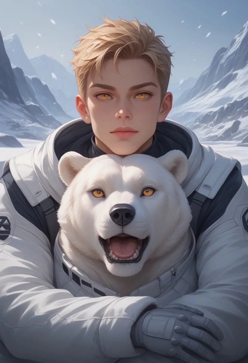 aaPO8bd,score_9,score_8_up,score_7_up,score_6_up,score_6_up,adult, 1man, hug, eye focus, yellow eyes, closed-up, open mouth, (polar bear), sci-fi bodysuits, aesthetic, sleep, rule of thirds, realistic, tongue, ice, snow, muscular,glacier