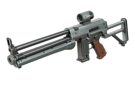 Art_Cad, a red and black machine gun with a metal handle, simple background, white background, weapon, gun, no humans, , submachine gun, magazine (weapon), 3d, render