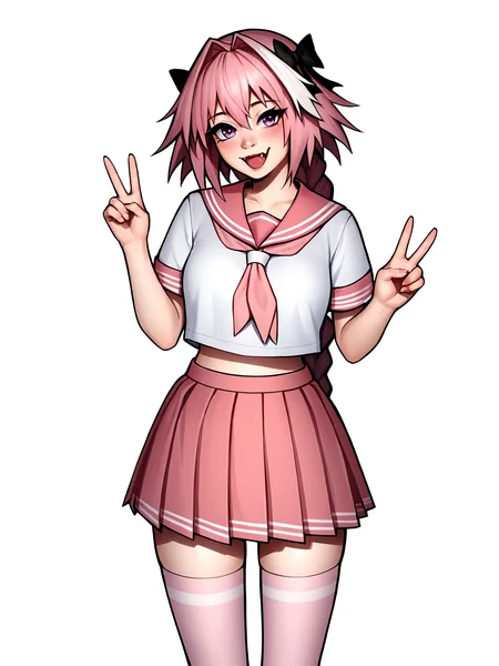 score_9, score_8_up, score_7_up, score_6_up, score_5_up, score_4_up, rating_safe
BREAK
astolfo \(fate\), otoko no ko, pink hair, braid,
BREAK
solo, standing, pink serafuku, white shirt, pink thighhighs, pink skirt, peace sign,
BREAK
white background, <lora:Lunas-AkiraRaikou-SDXL-A1:1>
