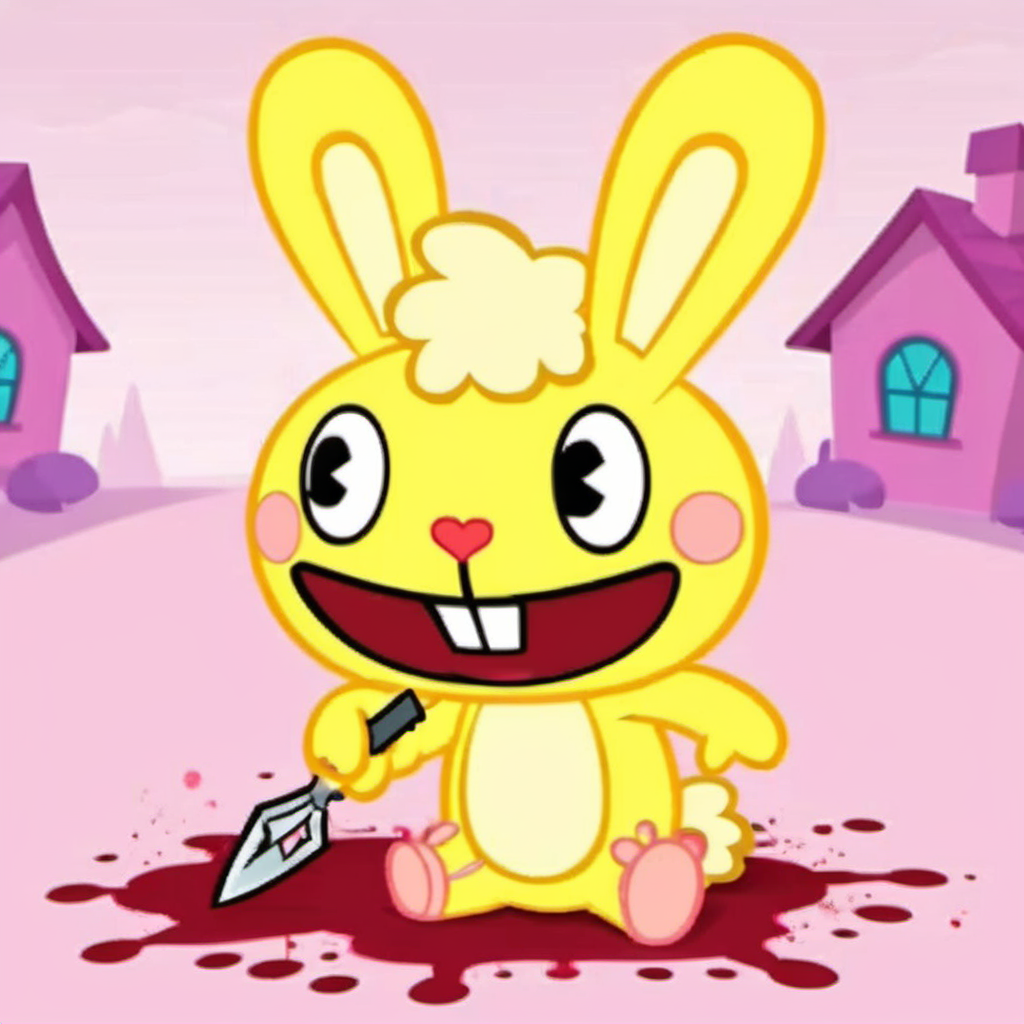 cartoon, a psychopath yellow rabbit with pink sleepers, covered with blood, holds a knife, bloodsplatters everywhere, house <lora:Cuddles1024-000380:0.8>