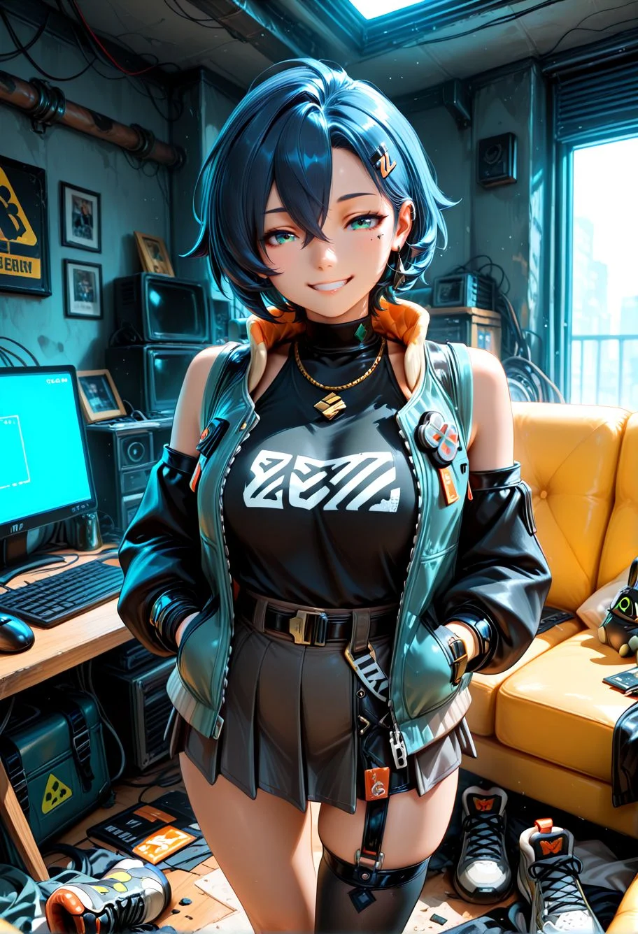 Smooth Quality, 1girl, belle \(zenless zone zero\), blue hair, clothes print, black shirt, necklace, sleeveless jacket, skirt, single thighhigh, sneakers, single sock, asymmetrical legwear, hands in pockets, computer, messy room, couch, grin, looking at viewer, cowboy shot, <lora:Smooth_Booster:0.5> <lora:Smooth_Lighting_Enhancer:0.25>
