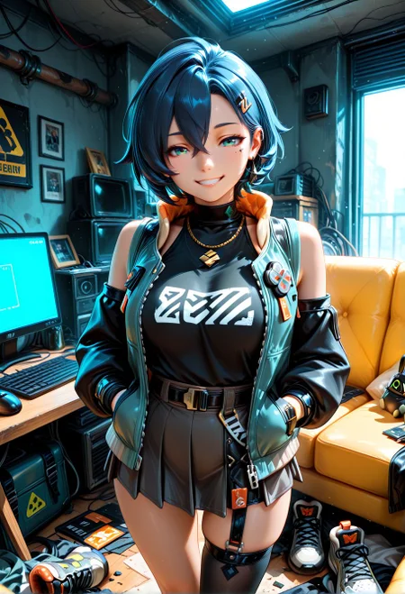 Smooth Quality, 1girl, belle \(zenless zone zero\), blue hair, clothes print, black shirt, necklace, sleeveless jacket, skirt, single thighhigh, sneakers, single sock, asymmetrical legwear, hands in pockets, computer, messy room, couch, grin, looking at viewer, cowboy shot, <lora:Smooth_Booster:0.5> <lora:Smooth_Lighting_Enhancer:0.25>