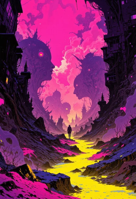 A hauntingly atmospheric digital painting of an urban void, shrouded in swirling volumetric fog that cloaks the fragmented silhouettes of figures moving like ephemeral ghosts through shifting beams of neon light. The silhouettes are indistinct, their forms dissolving into the haze, evoking a sense of mystery and detachment. The scene is bathed in a vibrant yet melancholic color palette of pulsing magentas, muted yellows, and deep shadows, with the fog absorbing and refracting the neon glow to create a surreal, dreamlike ambiance. An analog noise texture overlays the image, lending it a tactile, nostalgic quality reminiscent of decaying film stock, further blurring the line between physical space and digital memory. The composition feels immersive yet disorienting, as if the viewer is caught in a hypnotic rhythm of light and shadow within a city lost to time. Cyberpunk aesthetic, dystopian surrealism, analog futurism.