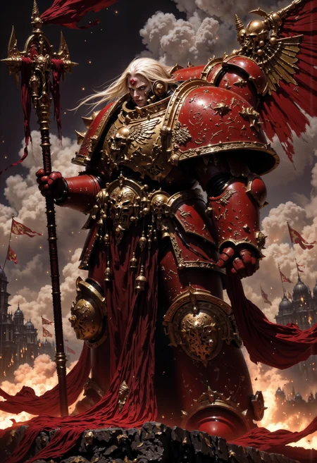 detailed renaissance oil painting, masterpiece, FredFraiStyle, a BloodA40K angel warrior in a battlefield setting. The composition is vertical, focusing on the subject who stands in profile. The BloodA40K angel has long, flowing blonde hair. His skin is fair, and he wears intricately designed red power armor with large wings, featuring detailed patterns. he holds a large, ornate spear with a red and silver tip. The background is a burning battlefield with flags, creating a mystical and adventurous atmosphere, directional lighting, masterpiece, perfect composition, perfect hands, cowboy shot, <lora:FluxBloodA40K:0.8> <lora:FluxMythP0rtr4itStyle:0.6> mythp0rt, <lora:dark_fantasy_flux:1> <lora:FredFraiStyle-FLUX-Share:1>