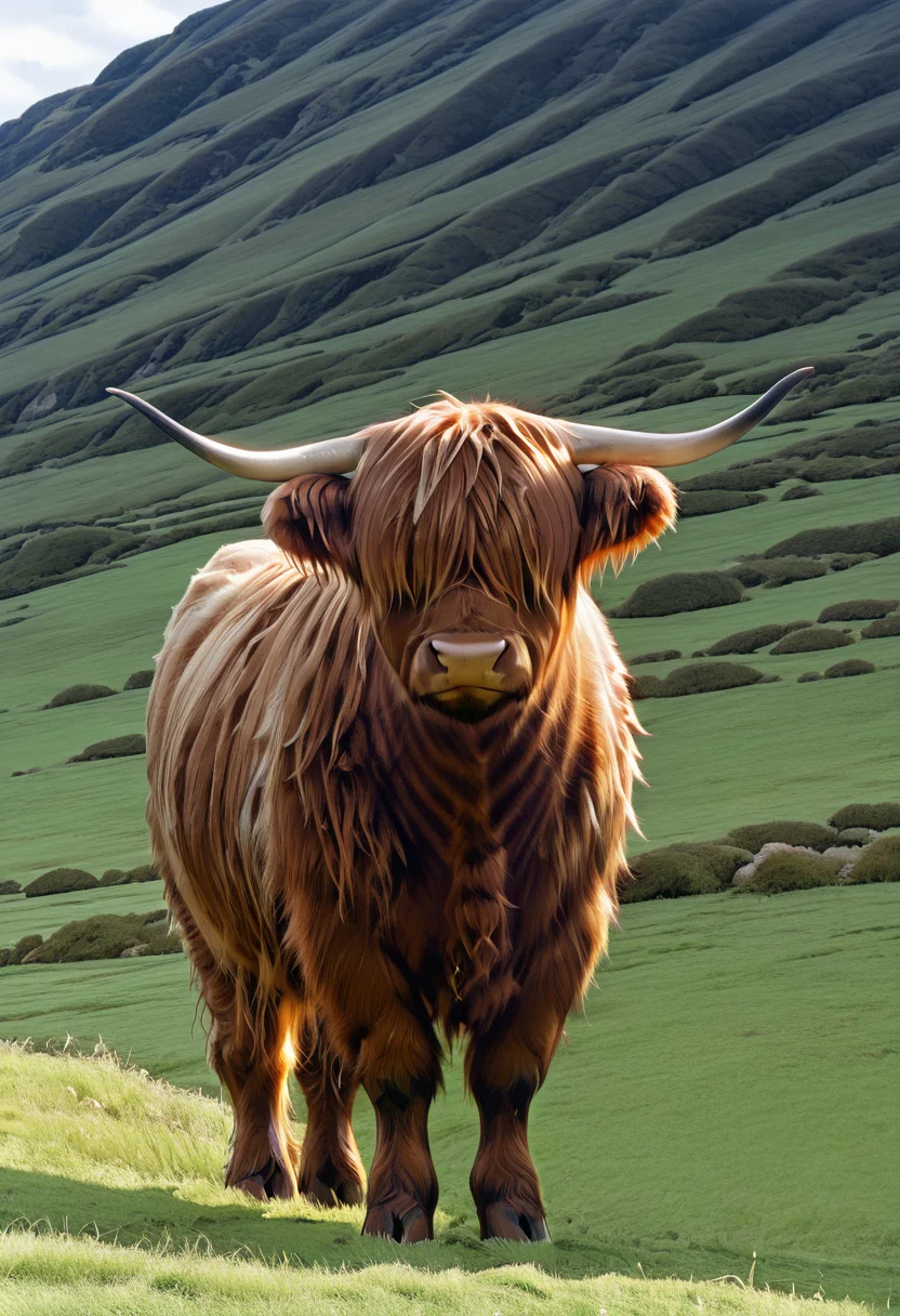 masterpiece, best quality, zzCow, solo, standing, outdoors, day, grass, hair over eyes, <lora:HighlandCow_IXL:1.0>,