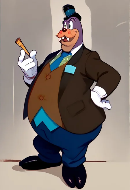 <lora:Honestjohngusherpony1.0:0.5>, walrus dressed as honest john gusher, as a walrus, fat, overweight, walrus tusks, squinting eyes, smile, solo, 1boy, male focus, <lora:pony_monocles-step00000800:1>,((monocle)),round eyewear, top hat,, suit, gloves, furry male, mustache, necktie, standing, score_9, score_8_up, score_7_up, score_6_up, score_5_up, score_4_up, looking at other, hand on own hip, cowboy shot, 1930's toon city,