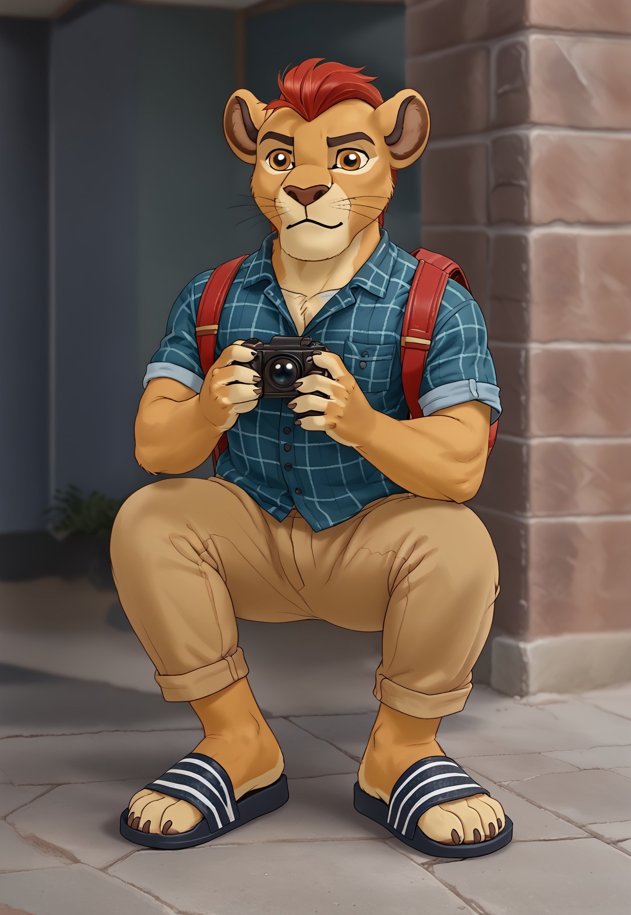 masterpiece, best quality, newest, anime, source anime, illustration, westernvisualnovel style, 

(((Barefoot furry character, cinematic setting, furry male))), eyecatching composition, dynamic pose, dynamic angles, detailed background

(((Kion))), furry character, (((hefty lion boy))), full body, solo, young school lion boy, ((tourist)), flannel plaid shirt, cargo half length pants, half pants, (((in historical center of the city))), (((gothic architecture))), lion feet paws, four toes, foot focus, wearing sandals, adiletteonfeet, backpack, (((holding camera with both hands))),
