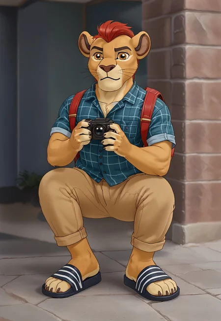 masterpiece, best quality, newest, anime, source anime, illustration, westernvisualnovel style, 

(((Barefoot furry character, cinematic setting, furry male))), eyecatching composition, dynamic pose, dynamic angles, detailed background

(((Kion))), furry character, (((hefty lion boy))), full body, solo, young school lion boy, ((tourist)), flannel plaid shirt, cargo half length pants, half pants, (((in historical center of the city))), (((gothic architecture))), lion feet paws, four toes, foot focus, wearing sandals, adiletteonfeet, backpack, (((holding camera with both hands))),
