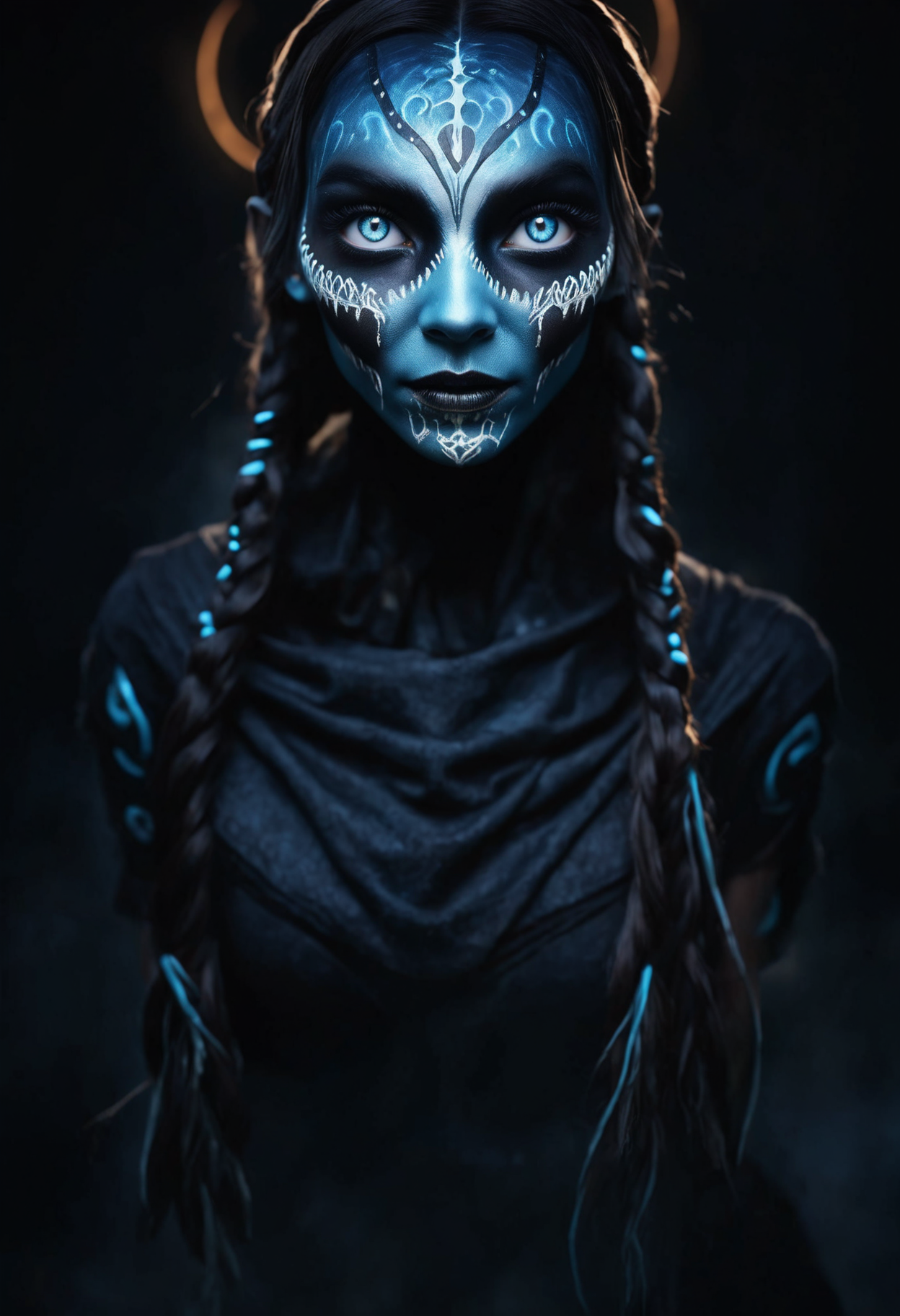 DonM3v1lM4dn355XL, female ageless, sculpted, indigenous peoples of the america, light blue eyes, attached ears,   u-shaped jaw, defined cheeks,  oval face shape,    , blue milkmaid braid hair, trust wearing light printed boyshorts, skyblue    lycra sequin bustier,     , leg cross, crossing one leg over the other, evoking a sense of elegance and intrigue, warm lighting, soft golden or amber hues creating a cozy and inviting atmosphere, a vibrant street market, with vendors showcasing their unique crafts and products, children's room/nursery, charging station, basalt stone, jellyfish gene insertion, under-cabinet lighting <lora:myLora\DonM3v1lM4dn355XL-000010:1.2>,,