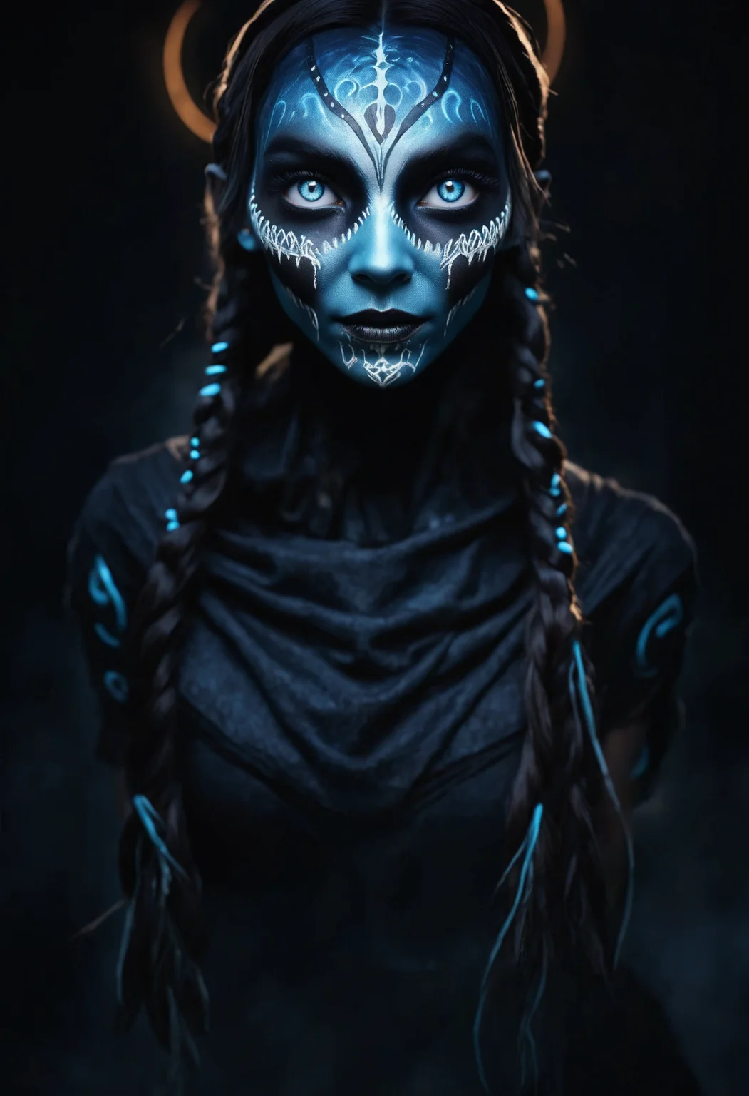 DonM3v1lM4dn355XL, female ageless, sculpted, indigenous peoples of the america, light blue eyes, attached ears, u-shaped jaw, defined cheeks, oval face shape, , blue milkmaid braid hair, trust wearing light printed boyshorts, skyblue lycra sequin bustier, , leg cross, crossing one leg over the other, evoking a sense of elegance and intrigue, warm lighting, soft golden or amber hues creating a cozy and inviting atmosphere, a vibrant street market, with vendors showcasing their unique crafts and products, children's room/nursery, charging station, basalt stone, jellyfish gene insertion, under-cabinet lighting <lora:myLora\DonM3v1lM4dn355XL-000010:1.2>,,