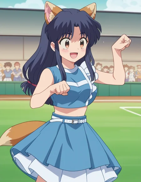 score_9, score_8_up, score_7_up, source_anime, <lora:akane-tendou-s1-ponyxl-lora-nochekaiser:1>, akane tendou, long hair, black hair, brown eyes, blue hair, sidelocks, medium breasts, anime screencap,, <lora:kitsune-dance-ponyxl-lora-nochekaiser:1>, kitsune dance, cheerleader, layered skirt, paw pose, fox ears, white belt, fox tail, baseball stadium, blue shirt, blue skirt, crop top, sleeveless shirt, midriff, blush, smile, open mouth,, cowboy shot,, , dutch angle, cowboy shot