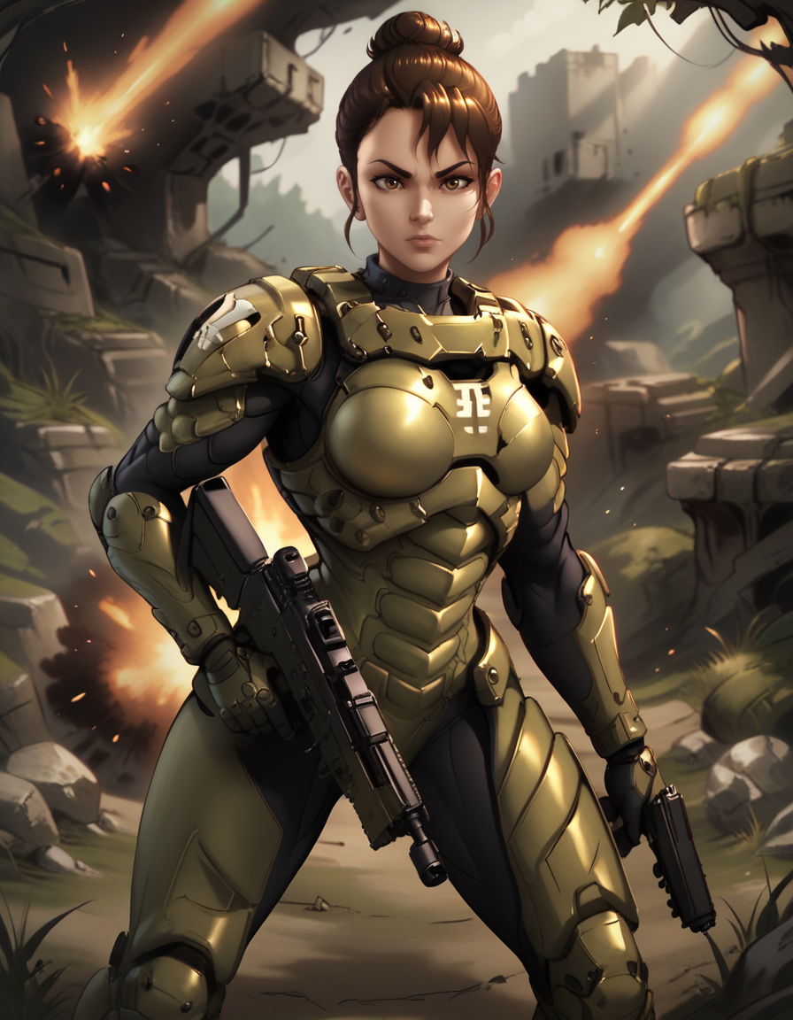 score_9, score_8_up, score_7_up, 
1girl, solo,
ssttrigdg,
brown hair, brown eyes, single hair bun, 
science fiction, armor, 
holding assault rifle,
forest, battle, ruins, fighting stance, 
explosion, looking at viewer, 
 <lora:Trig SST PXL v01-000003:0.90>