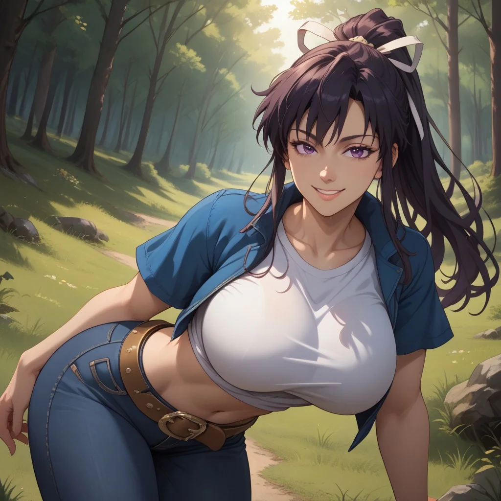 score_9, score_8, BREAK, solo, kanzaki_kaori, black hair, bangs, ponytail, ribbon, huge breasts, one leg jeans, one bare legs, white t shirt, side tied t shirt, blue jacket, brown belt, purple eyes, navel, brown boots, sexy pose, self portrait, smile, looking at viewer, outdoors, sunlight, shadows, evening lighting, natural lighting, forest, trees, grass, orange sky, sunset