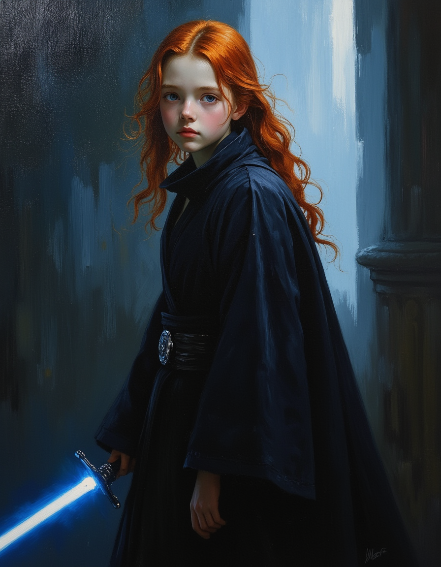 masterpiece, high quality, Oil Painting, a close up portrait, petite teen girl wearing ornate black Jedi robes by Albert Lynch, Abbott Handerson Thayer, glowing blue lightsaber, innocent, inside a foggy Jedi Temple, highly detail, best quality, innocent, thoughtful, at peace with herself, white skin, pale skin, blue eyes, long flowing red hair, in a Jedi Temple, stepping out of the darkness, dynamic pose, ultra detailed, romantic, focus on the girl, shadow and light, Masterpiece, intricate lines, intriguing atmosphere, sharp magnificent details, delicate features, elaborate details, (2/3 rule composition:0.5), ultra detailed, romantic, Rembrandt lighting, brush strokes, del1cate_balance style, novuschroma, in the style of Rembrandt. vantablack <lora:style_of_Rembrandt_FLUX_135:.8> <lora:- Flux1 - vanta_black_V2.0:.6> <lora:Delicate_Balance:.3> <lora:neeeg_f1:-.5> <lora:113_novuschromaFLX_1:.3>