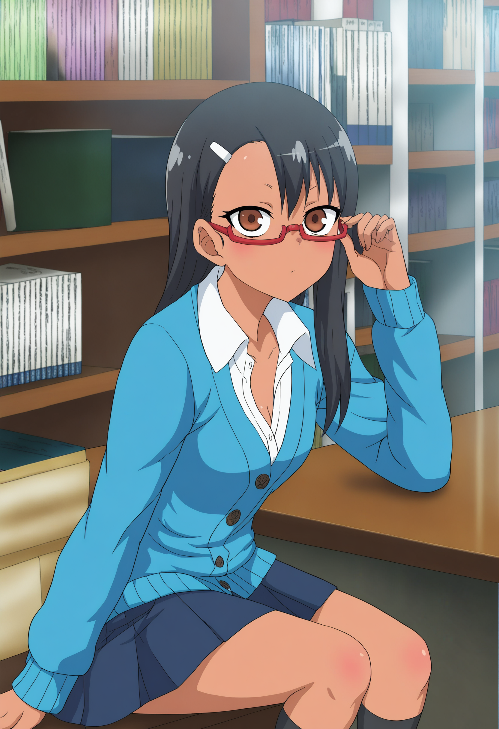 <lora:Hayase Nagatoro - [Dont Toy with Me Miss Nagatoro] - IllustriousXL v1:1>, sysdeep_hayase, 1girl, solo, small breasts, long hair, black hair, brown eyes, hairclip, anime coloring, dark-skinned female, school library, casual cardigan, pleated skirt, unbuttoned collar, books stacked nearby, sitting cross-legged, adjusting glasses, focused look