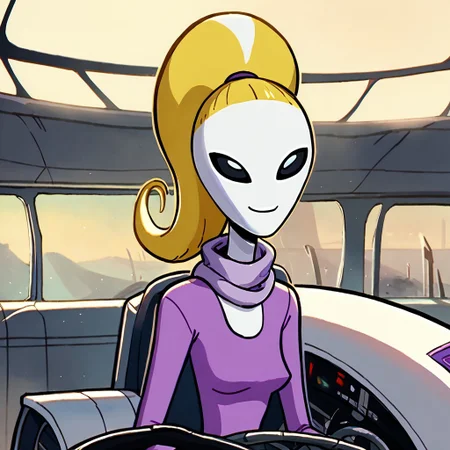 score_9, score_8_up, score_7_up BREAK YvetTO, 1girl, blonde hair, ponytail, pale skin, black eyes, black alien eyes, alien, black sunglasses, long-sleeved light purple shirt, lavender scarf, purple skirt, driving spaceship, driving galactic spaceship, closeup, cowboy shot, smiling at viewer,