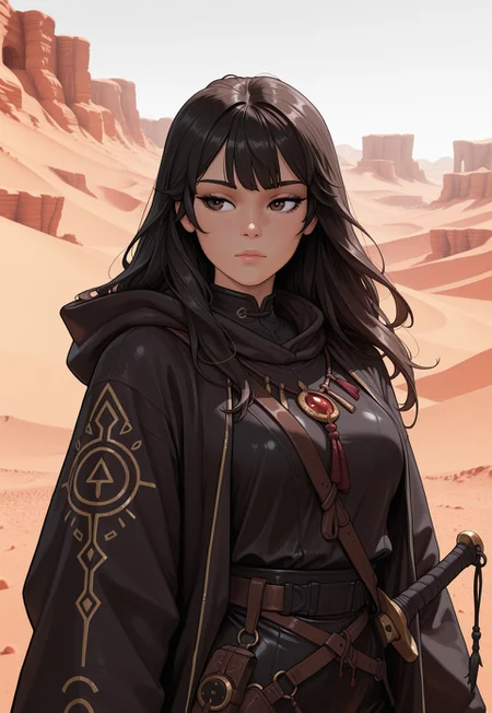score_9, score_8_up, score_7_up, 1girl, solo, desert nomad, flowing robes with intricate embroidery and desert-inspired patterns, ancient curved scimitar with a polished bronze blade and a wrapped leather handle, long wavy black hair adorned with desert flowers, realistic, cinematic angle, cinematic lighting, slender body, mysterious face, deep brown eyes, vigilant pose
BREAK
standing guard at an oasis in the heart of the desert
BREAK
source_fantasy_art, rating_explicit, expressive, full body, dynamic pose
BREAK
detailed beautiful background, vast desert landscape with rolling sand dunes and distant mirages, lush oasis with palm trees and a sparkling pool of water, ancient ruins and desert creatures, distant mountains with rugged cliffs, mystical atmosphere with a sense of adventure and mystery
<lora:Expressive_H:0.6>Expressiveh, (SimplepositiveXLv1:1.3), (upper body, full clothed:1.85) ((masterpiece)) (ultra realistic, 32k, masterpiece:1.2), (high detailed skin:1.1), (high quality:1.1) (((full clothed))) <lora:DandonFuga_Style_v.2_-_Pony:0.8>
<lora:add-detail-xl:1>
<lora:Dynamic Poses:1>