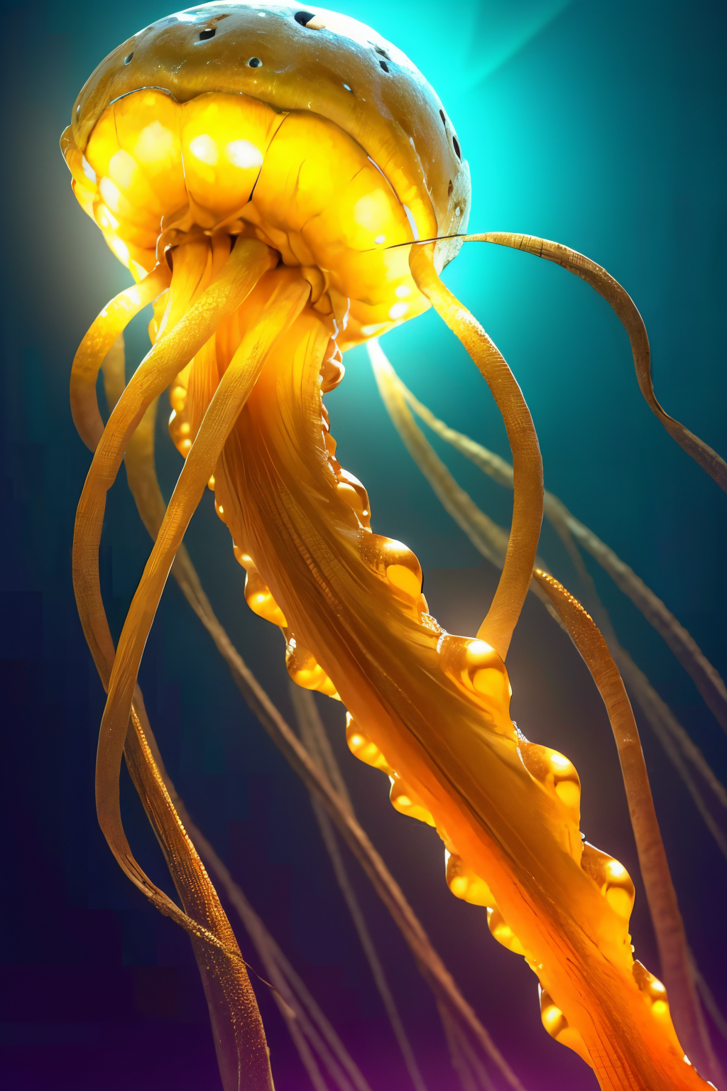 (Yellow and orange A floating, jellyfish-like alien with translucent, bioluminescent tentacles that emit a soft glow. It has a central body chamber that pulsates with energy.:1.2) (Realisitc:1.5) alien woman monster, breasts, <lora:EdobMonsterFemale2_v1.0:0.8>