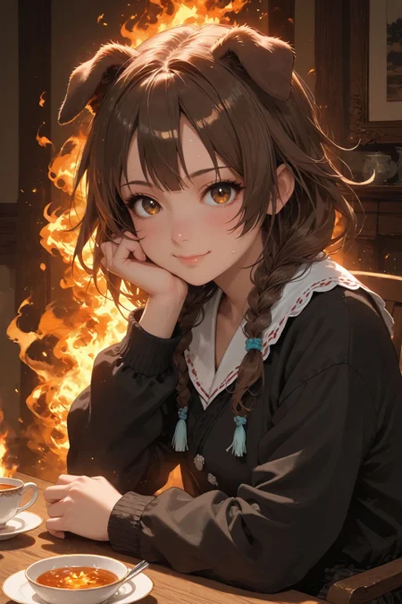 looking at viewer,detailed background,Cinematic Lighting,film grain,score_9,score_8_up,score_7_up,masterpiece,best quality,highly detailed,
<lora:(增强)sdxl_lightning_8step_lora:1>,<lora:glowneon_xl_v1:1>,glowing,<lora:hand 4:1>,hand person,<lora:Expressive_H:0.8>,Expressiveh,<lora:MythM4ngaStyle:0.8>,
1girl,animal ears,brown hair,smile,cup,virtual youtuber,solo,dog ears,brown eyes,(fire:1.2),inugami korone,holding,bangs,sitting,long sleeves,teacup,blush,food,chair,table,sweat,indoors,closed mouth,dog girl,chibi,looking at viewer,(burning:1.2),black and red theme,monochrome,greyscale,