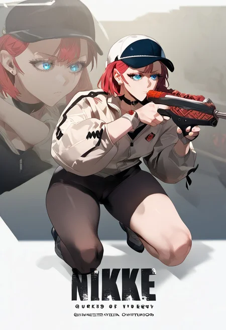 zPDXL2, score_9_up, score_8_up, score_7_up, (Anime_source), high detail face, best quality, absurd res, 1girl, IncrsNikkeProfile, full body, zoom layer, on one knee, holding weapon, holding shotgun, Yeong-Ju, blue eyes, red hair, short hair, Yeong clothes, earrings, cap, looking aside