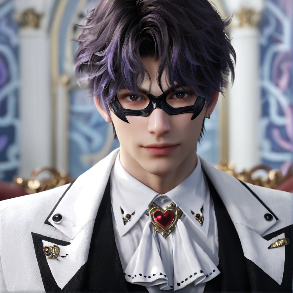 1boy,purple hair,black eyebrows,brown eyes,earring,(black domino mask:1.1),white jacket,(black patterns:1.1),grey vest,white ascot,heart pattern,white shirt,lapel pin,white pants,depth of field,gorgeous background,formal,indoors,looking at viewer,male focus,solo,masterpiece,best quality,high quality,detailed hair,detailed face,detailed skin,realistic,<lora:L&DsRafayel(ZQ)_v1.0:0.5>,