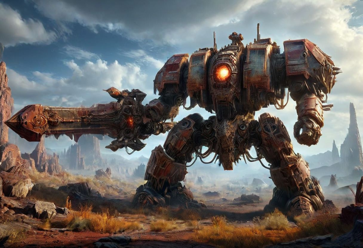 , amazing quality, masterpiece, best quality, hyper detailed, ultra detailed, UHD, perfect anatomy, portrait, dof, hyper-realism, majestic, awesome, inspiring, closeup of a planets surface, a giant old rusty decaying Dreadnought mech drdnght machine standing on it, Wielding sword, barely visible at the Planets surface under a curtain of clouds, rockets in Atmosphere, atmospheric haze, atmospheric lighting, cinamatic composition, soft shadows, national geographic style