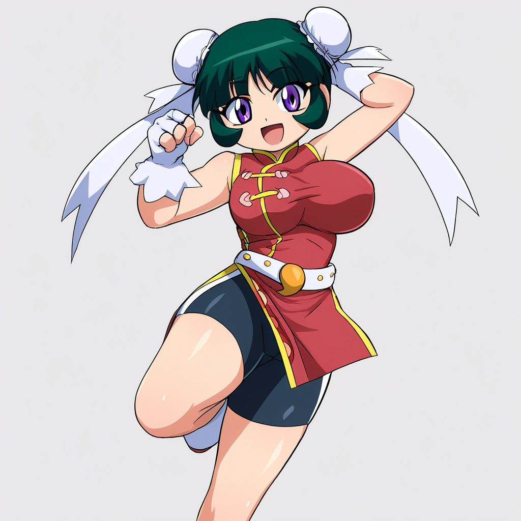 beyblade: metal fusion,mei-mei,1girl,solo,gloves,breasts,fingerless,gloves,hair bun,smile,chinese clothes,open mouth,white background,double bun,sleeveless,large breasts,simple,background,white gloves,bike shorts,belt :d,bun cover,purple eyes,hair,arm up,standing on one leg,looking at viewer,china dress,white footwear,standing,shorts bangs,green hair