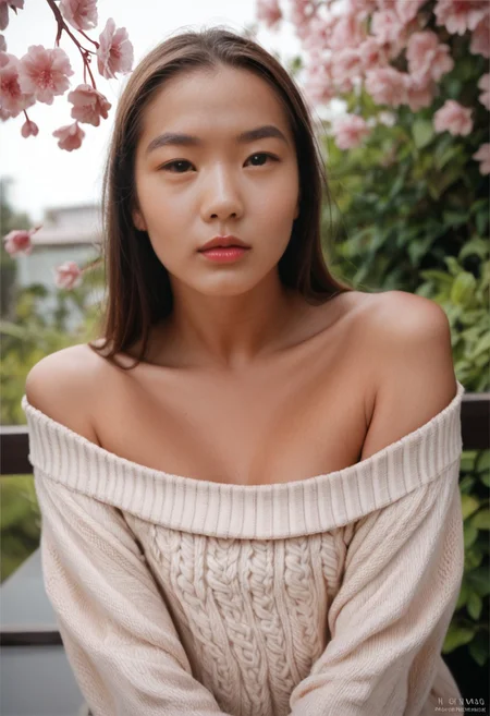 score_9, score_8_up, score_7_up, score_6_up, score_5_up, score_4_up, source_photo, source_real, 1girl, solo, long_hair, looking_at_viewer, brown_hair, brown_eyes, bare_shoulders, flower, sweater, lips, cherry_blossoms, realistic, pink_theme <lora:nobody6_v2_pxl:1>