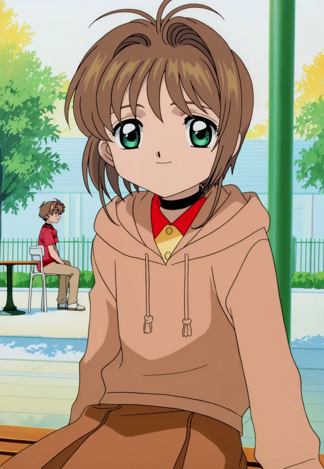 on-model, accurate art style, anime screencap, anime coloring, show accurate, cartoon screencap, movie accurate, official screencap, style parody, flat colors, official art, proper proportions, extremely detailed, newest, 2024, BREAK, 1girl, CCS_Sakura, kinomoto sakura, brown hair, short hair, bangs, antenna hair, hair intakes, green eyes, black choker, red shirt, brown hoodie, brown skirt, sitting, enjoying the view, smiling, 1boy, li syaoran, sitting, enjoying the view, smiling, BREAK, detailed background, outdoors, café, afternoon, BREAK, POV, cowboy shot, BREAK, vibrant colors, cinematic lighting, 75% soft lighting, 25% dark lighting, cardcaptor sakura movie 1