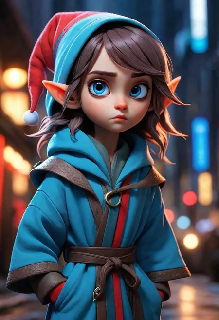 (disney pixar style:1.2) (cute adorable Epoch Elf assassin wearing a blue reflective robe and :1.2), mysteriously lurking in the shadows of a cyberpunk city, stalking a cute red Christmas reindeer
