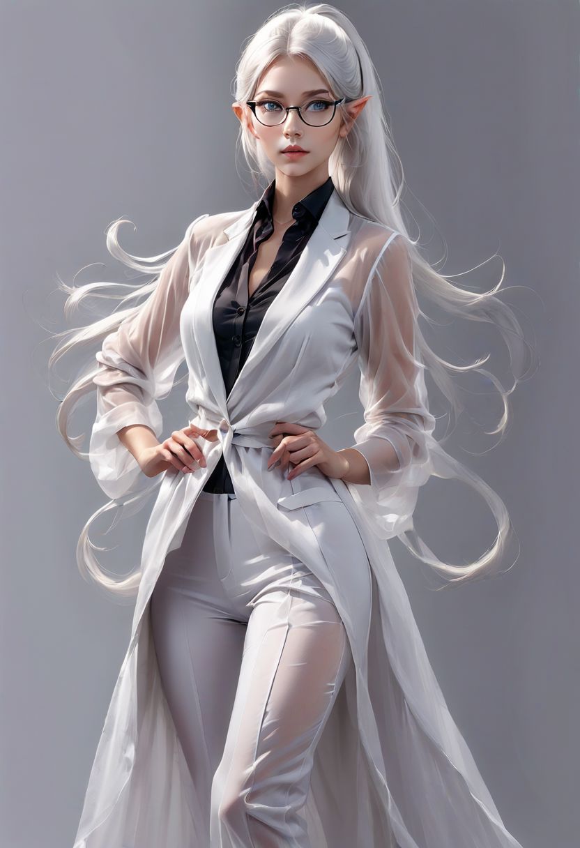 Full body Fantasy young tall elf woman, very long legs, medium breasts, saggy breasts, in an elegant white office jacket and pants, necktie, very tight black silk gilet over a white see through linen shirt, braless, black thin glasses, sharp glare, fingers on glasses, very long white hair in a straight ponytail long under her buttocks.
Studio light, gray background.
Hyper realistic, HDR, 8K, Trending on Artstation, very detailed, sharp