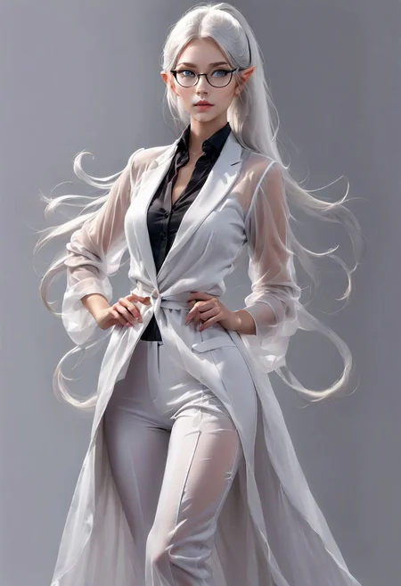 Full body Fantasy young tall elf woman, very long legs, medium breasts, saggy breasts, in an elegant white office jacket and pants, necktie, very tight black silk gilet over a white see through linen shirt, braless, black thin glasses, sharp glare, fingers on glasses, very long white hair in a straight ponytail long under her buttocks.
Studio light, gray background.
Hyper realistic, HDR, 8K, Trending on Artstation, very detailed, sharp
