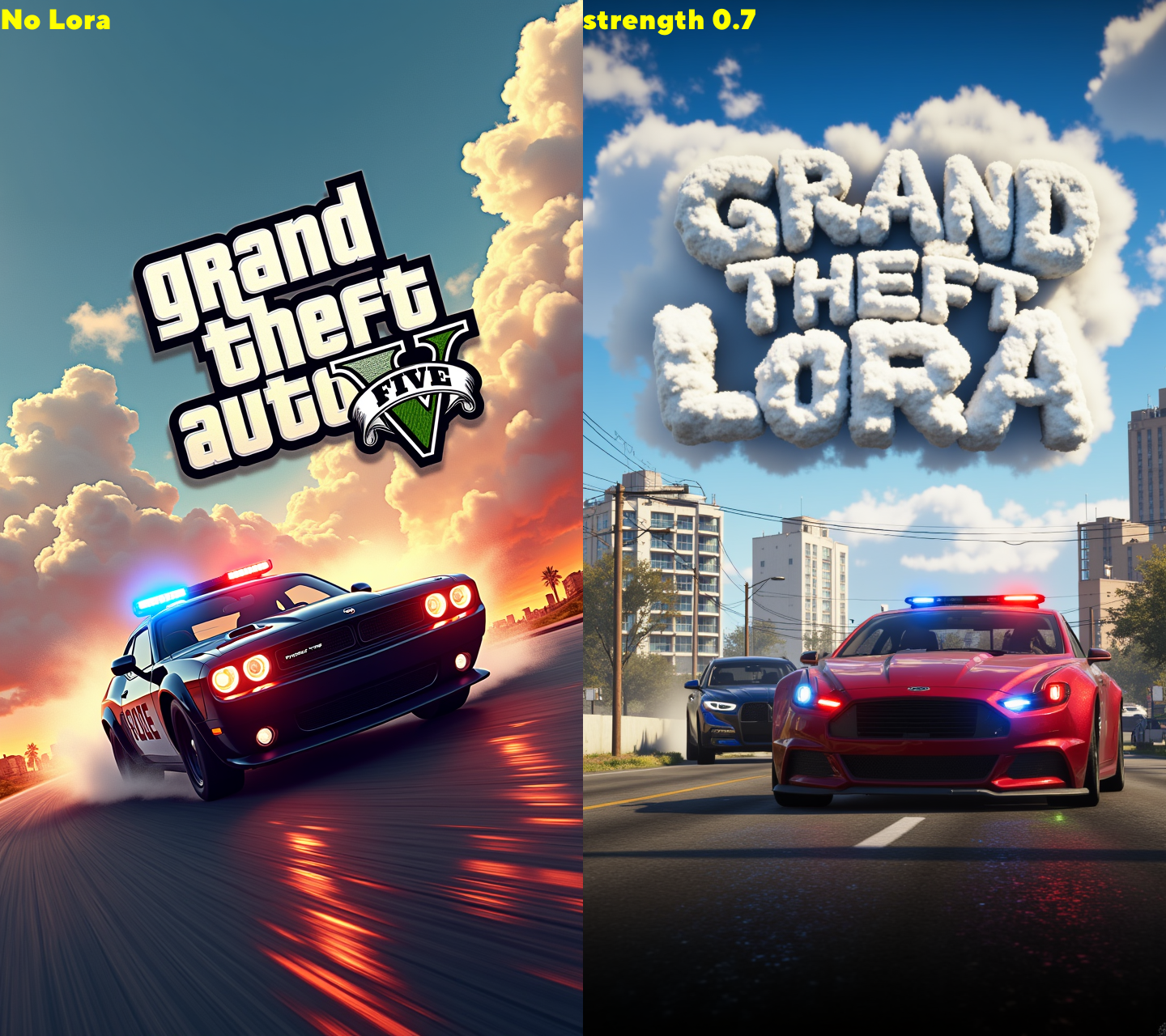 Epic Game Poster with a stunning police chase and the Text:"GRAND THEFT LORA" made out of clouds     , aidmaGTA6, aidmatextimrover