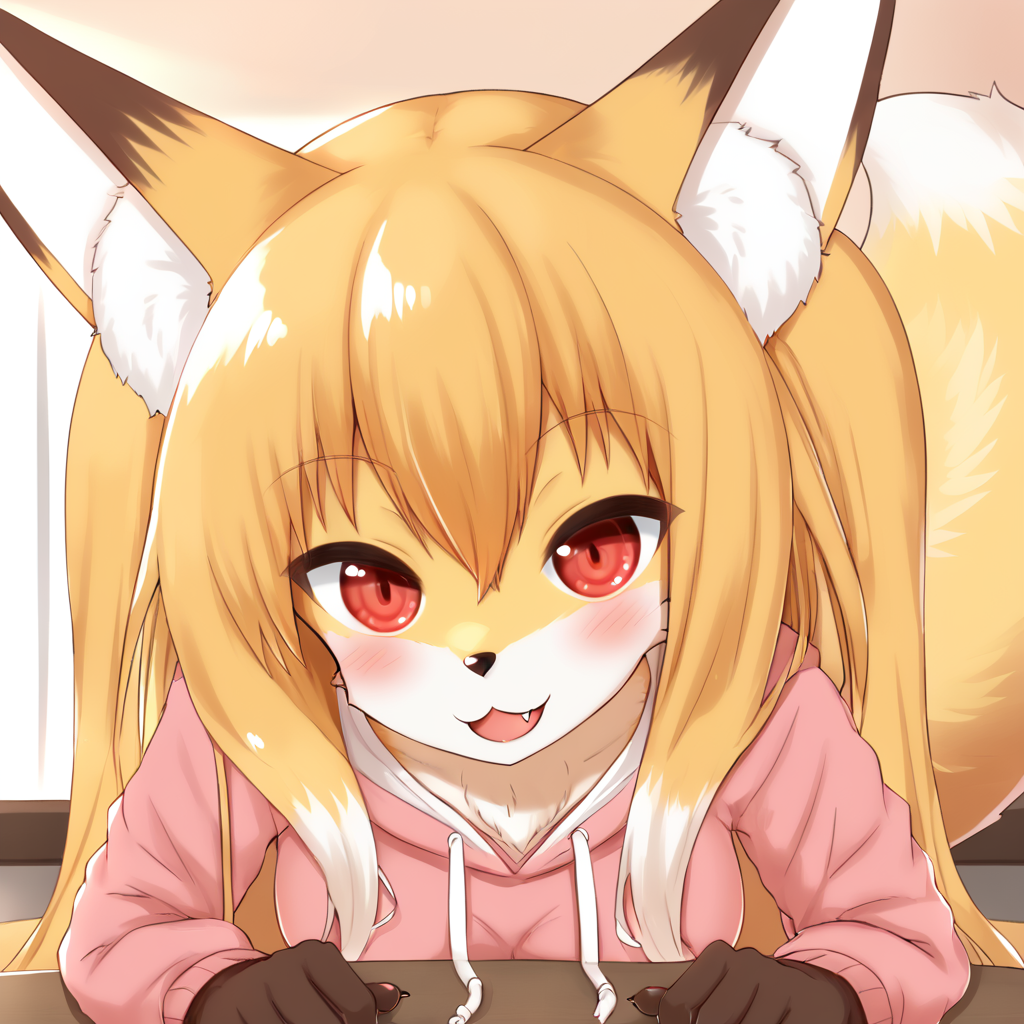 <lora:nioalpha-05:1>, nioalpha, furry female, brown fur, yellow fur, white fur, fox ears, fox girl, smile, fang, red eyes, tail, pink hoodie, pov, table