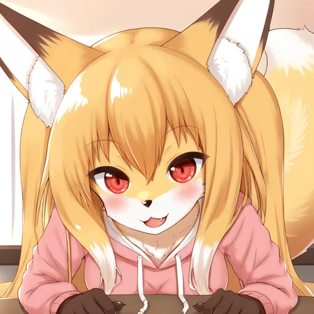 <lora:nioalpha-05:1>, nioalpha, furry female, brown fur, yellow fur, white fur, fox ears, fox girl, smile, fang, red eyes, tail, pink hoodie, pov, table