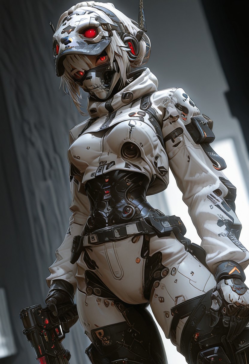 Anime 3D cyber warrior japan girl, masterpiece, best quality, good quality, very aesthetic, absurdres, newest, 8K, depth of field, focused subject, dynamic angle, in the style of ckgr, 1girl, android, black and white camouflage mask is open, skull gloves, holding a futuristic gun, anime
