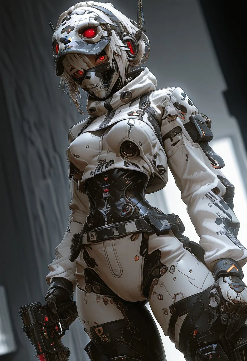 Anime 3D cyber warrior japan girl, masterpiece, best quality, good quality, very aesthetic, absurdres, newest, 8K, depth of field, focused subject, dynamic angle, in the style of ckgr, 1girl, android, black and white camouflage mask is open, skull gloves, holding a futuristic gun, anime