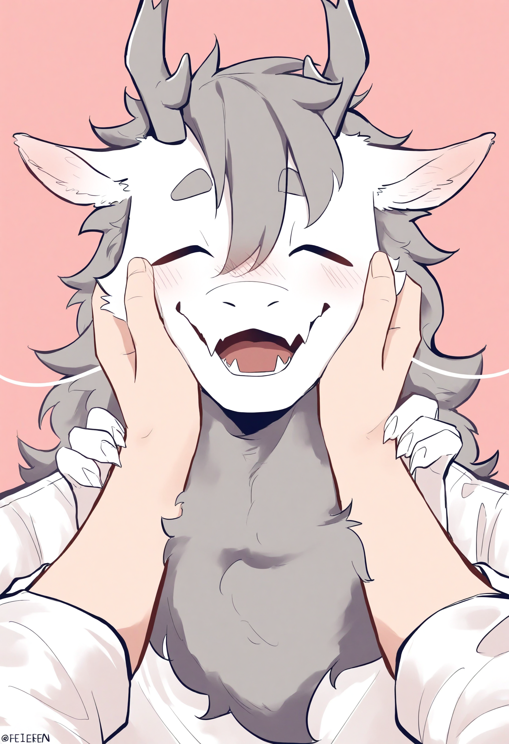 1boy, male focus, (feiren zai:1.1), 
furry male, solo focus, simple background, pink background, upper body, blush, smile, skin fangs, horns, fangs, closed eyes, grey hair, white shirt, shirt, antlers, furry, dragon boy, hands on another's face, twitter username, pov, hands on another's cheeks, long hair, hair between eyes, open mouth, facing viewer, short eyebrows, out of frame, animal ears, pov hand, artist name, ao lieemari \(love live!\), teeth, hands up, claws, long sleeves, dragon horns,
masterpiece, best quality
 <lora:AoLie(FeirenZai)-NoobXLv1.1-000090:1>