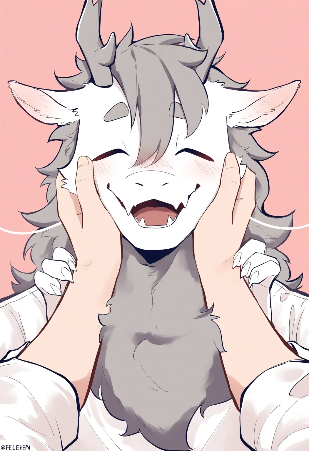 1boy, male focus, (feiren zai:1.1),
furry male, solo focus, simple background, pink background, upper body, blush, smile, skin fangs, horns, fangs, closed eyes, grey hair, white shirt, shirt, antlers, furry, dragon boy, hands on another's face, twitter username, pov, hands on another's cheeks, long hair, hair between eyes, open mouth, facing viewer, short eyebrows, out of frame, animal ears, pov hand, artist name, ao lieemari \(love live!\), teeth, hands up, claws, long sleeves, dragon horns,
masterpiece, best quality
<lora:AoLie(FeirenZai)-NoobXLv1.1-000090:1>