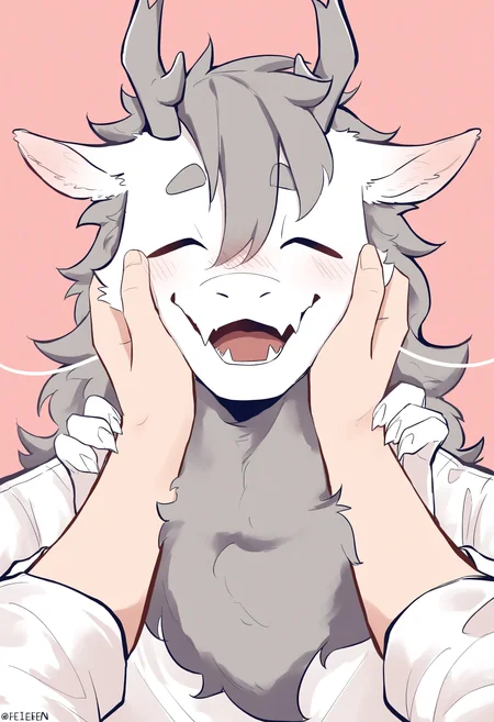1boy, male focus, (feiren zai:1.1),
furry male, solo focus, simple background, pink background, upper body, blush, smile, skin fangs, horns, fangs, closed eyes, grey hair, white shirt, shirt, antlers, furry, dragon boy, hands on another's face, twitter username, pov, hands on another's cheeks, long hair, hair between eyes, open mouth, facing viewer, short eyebrows, out of frame, animal ears, pov hand, artist name, ao lieemari \(love live!\), teeth, hands up, claws, long sleeves, dragon horns,
masterpiece, best quality
<lora:AoLie(FeirenZai)-NoobXLv1.1-000090:1>