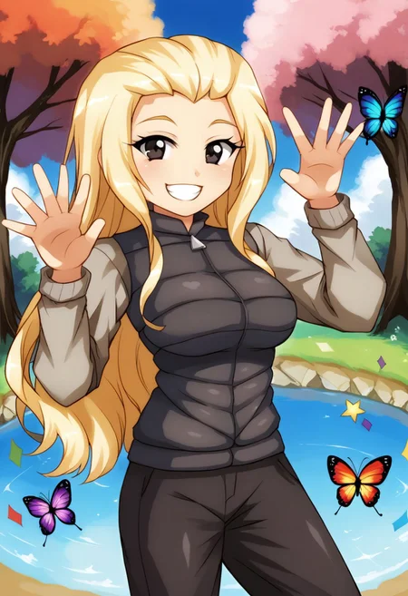 cute, kawaii, 2000s anime, moe anime, 2000s anime style, moe anime style, <lora:ALTXL_pony_0061_8:4>, dire, direpony, score_8_up,score_7_up, 1girl, long hair,blonde hair, slicked back hair, black eyes, black pants, demure, eyeliner, facing viewer, looking at viewer, parka, sunshine, hapiness, rainbows, butterflies, big smile, big grin, happy pose, sunbeams, trees, water, cute, kawaii, cutecore, kawaiicore, cutegore, kawaiigore, colorful stars, pastel colors, hearts, rainbow, rainbow text