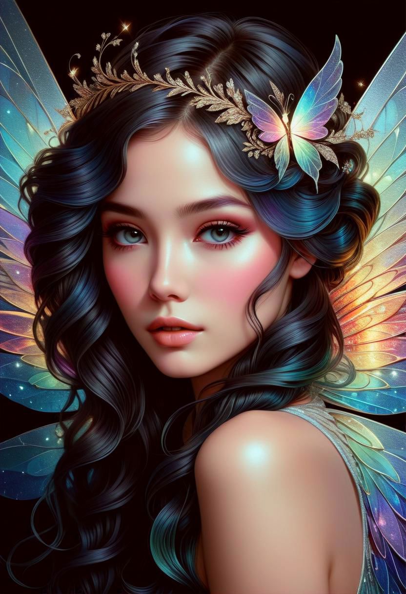 hyper detailed beautiful sugar fairy, coherent delicate face, wavy luxurious hair, intricate iridescent wings, on black velvet canvas, centered composition, rule of thirds, drop shadowed, art by charlie bowater, anna liwanag, tom wood, keith garvey